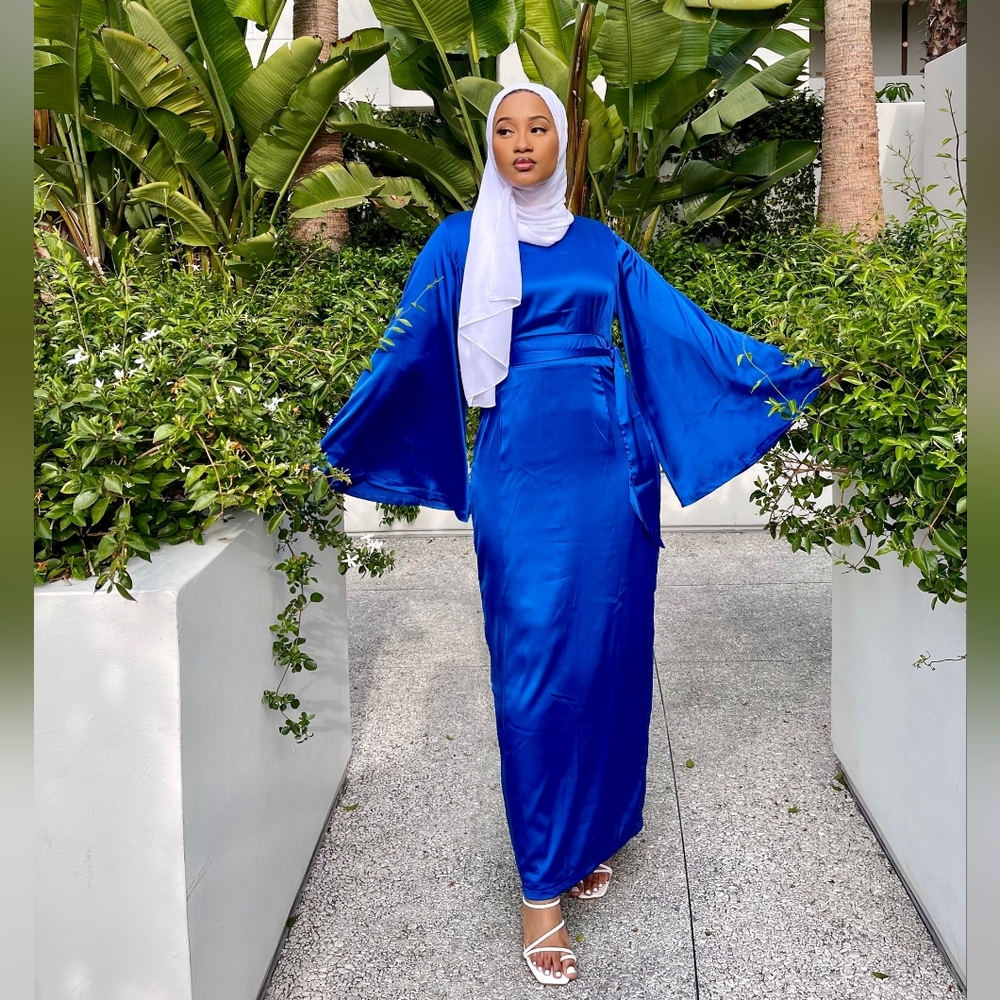 Blue Satin Bell Sleeve Satin Dress